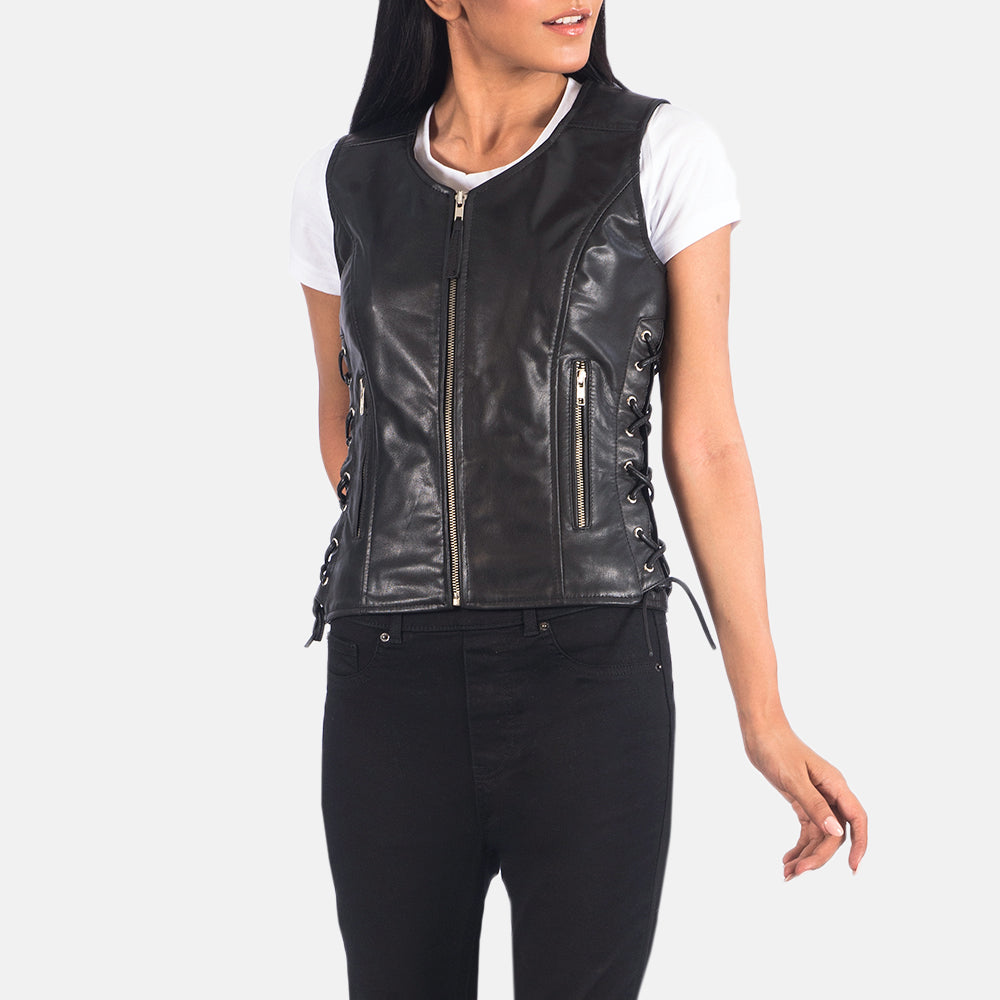 Vanda Black Leather Biker Vest