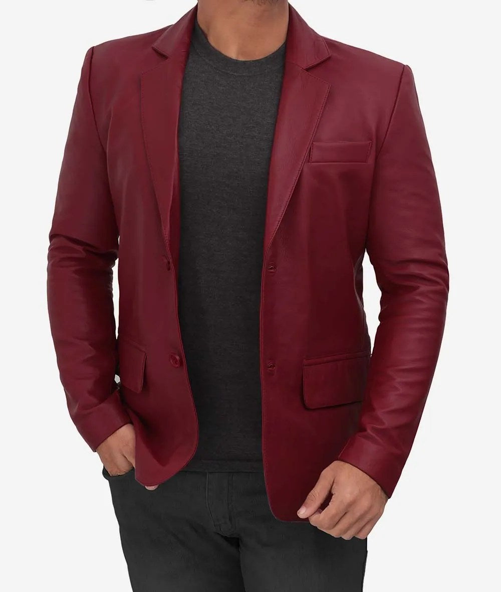 Men’s Casual Maroon Leather Blazer