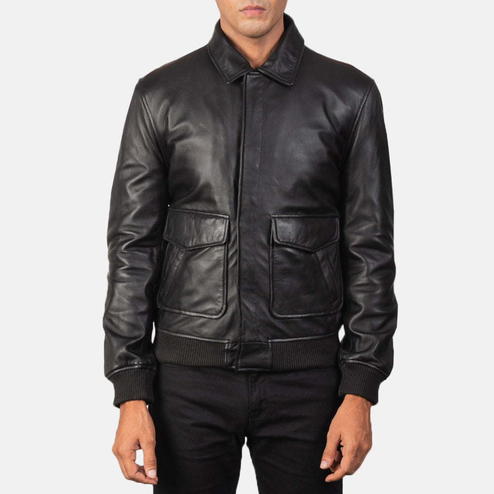 Coffmen Black A2 Leather Bomber Jacket - Kualited