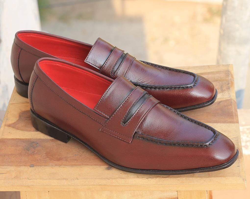 Handmade Men's Burgundy Leather Penny Loafer Shoes, Men Dress Fashion Shoes