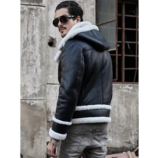 Men’s Aviator Removable Hood Black Leather White Shearling Jacket - Kualited