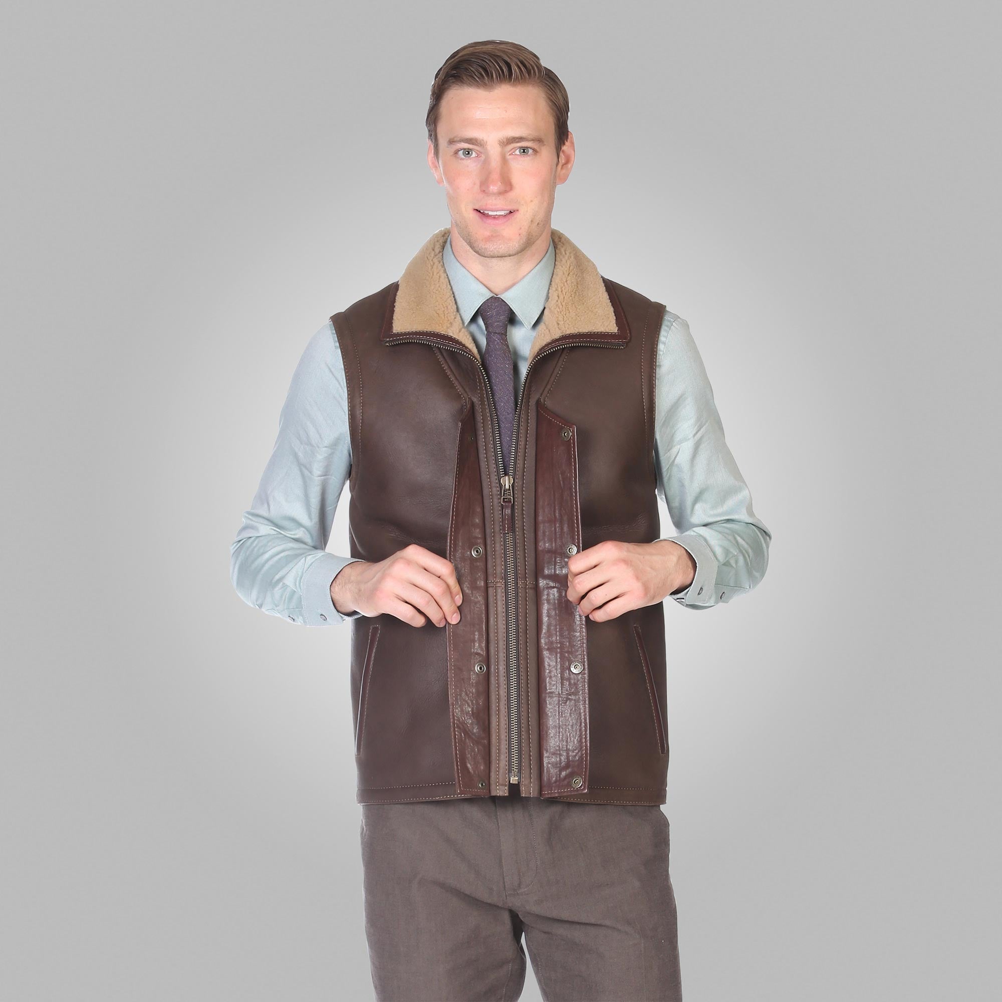 Men’s Brown Leather Shearling Vest - Kualited