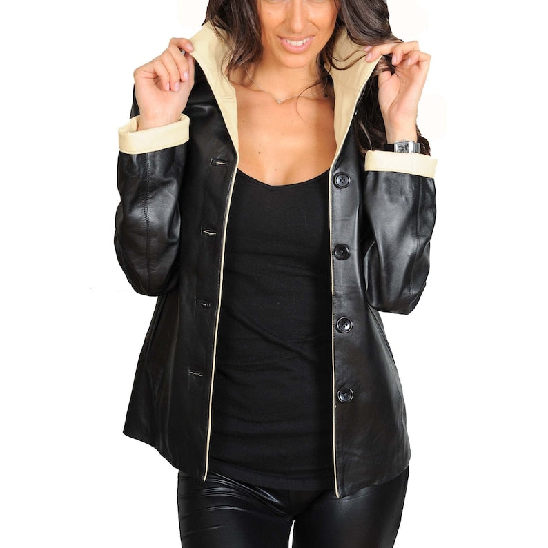 Womens Soft Leather Blazer Beige Black