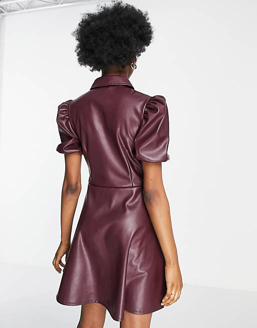 Handmade Genuine Crafted Leather button through shirt dress in burgundy