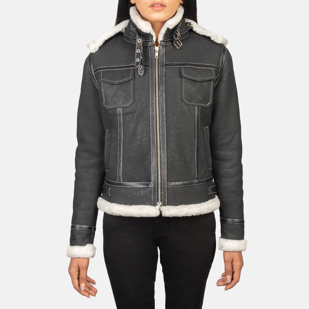 Fiona Black Hooded Shearling Leather Jacket