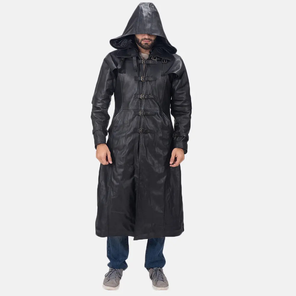 Huntsman Black Hooded Leather Trench Coat