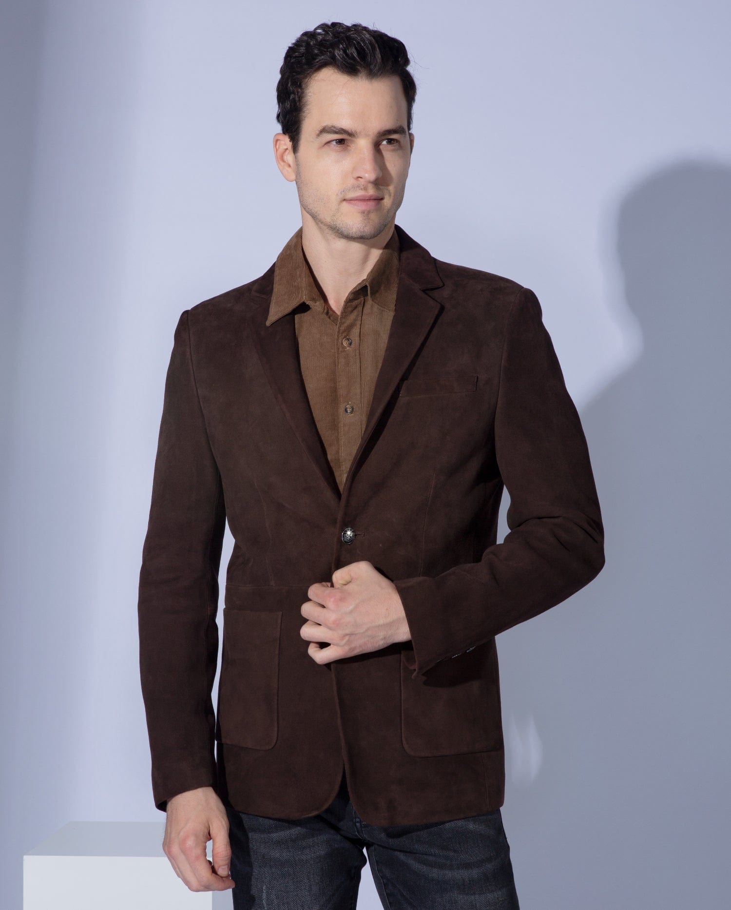 Classic 2-Button Suede Leather Blazer Brown