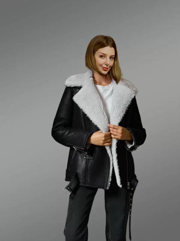 Black Sheepskin Shearling Jacket with White Wool Detailing