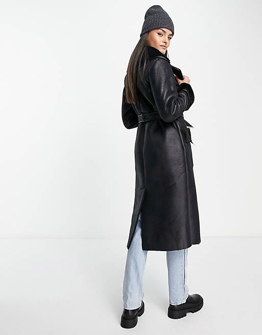 River Island Real Leather shearling belted coat in black