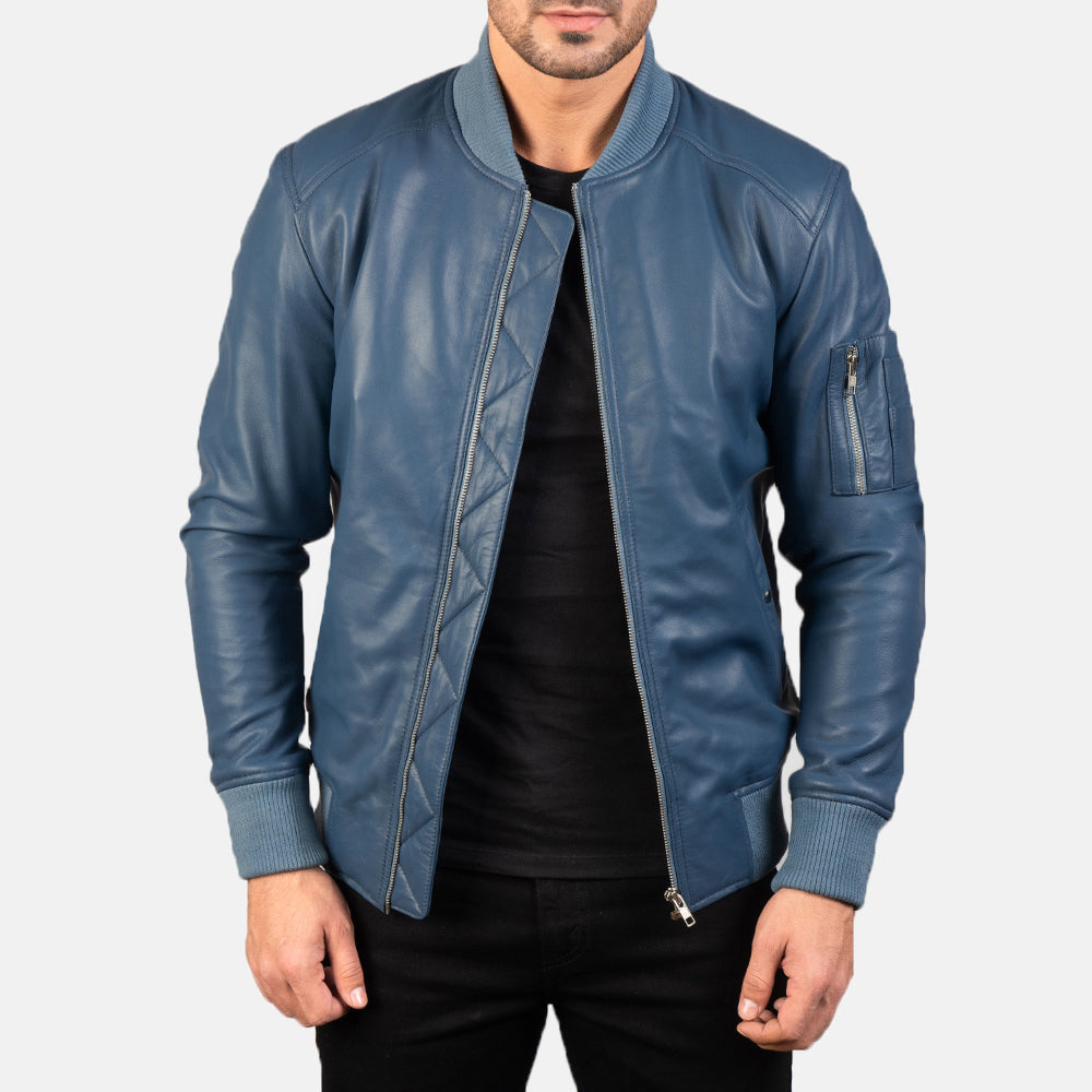 Bomia Ma-1 Blue Leather Bomber Jacket - Kualited