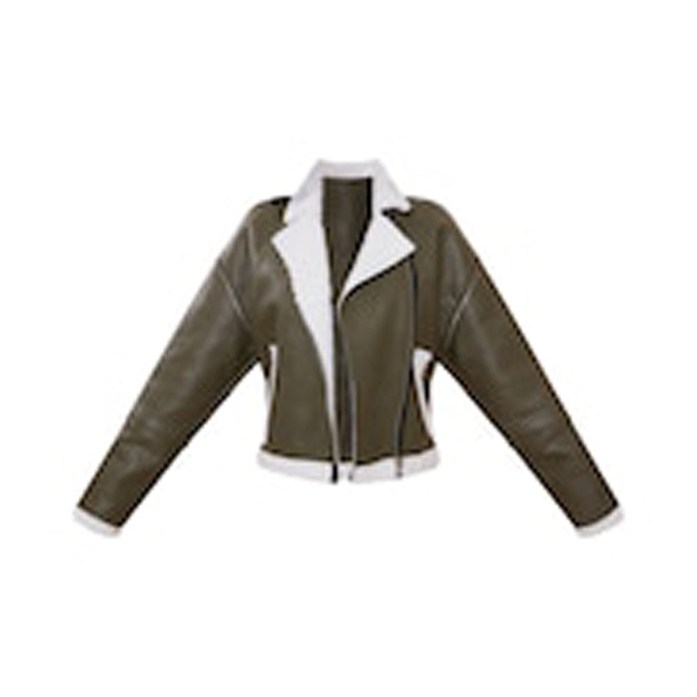 Khaki Borg Contrast Trim Handmade Real Genuine Leather Aviator Jacket