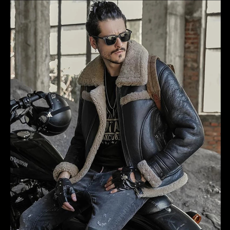 Men’s Black Leather Shearling Big Collar Biker Jacket - Kualited