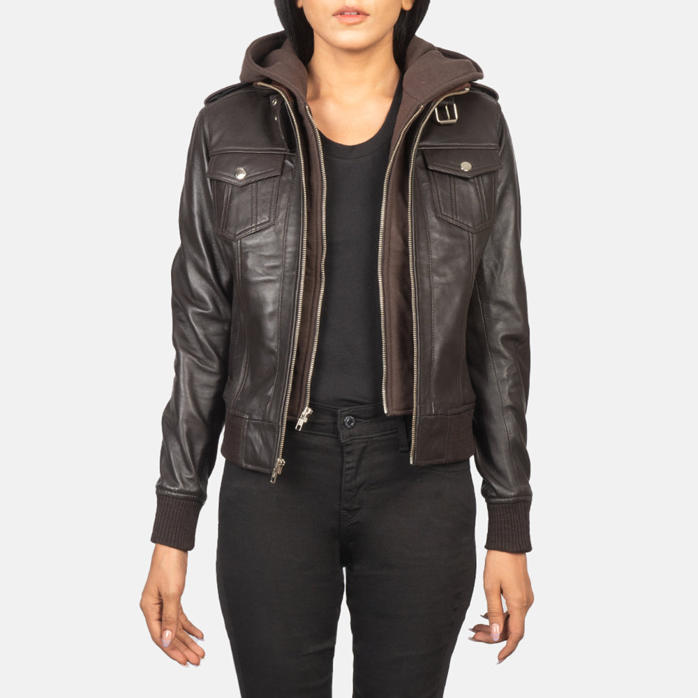 Roslyn Brown Hooded Leather Bomber Jacket - Kualited