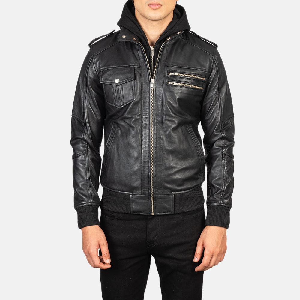 Bravado Black Hooded Leather Bomber Jacket - Kualited