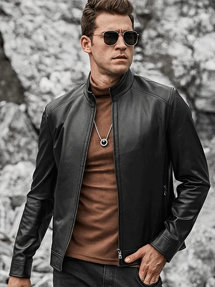 Men’s Black Leather Jacket Ban Collar - Kualited