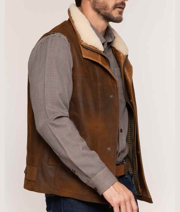 Men’s Brown Leather Vest Removable Shearling Collar - Kualited