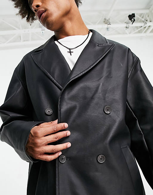 Extreme oversized faux leather overcoat in black