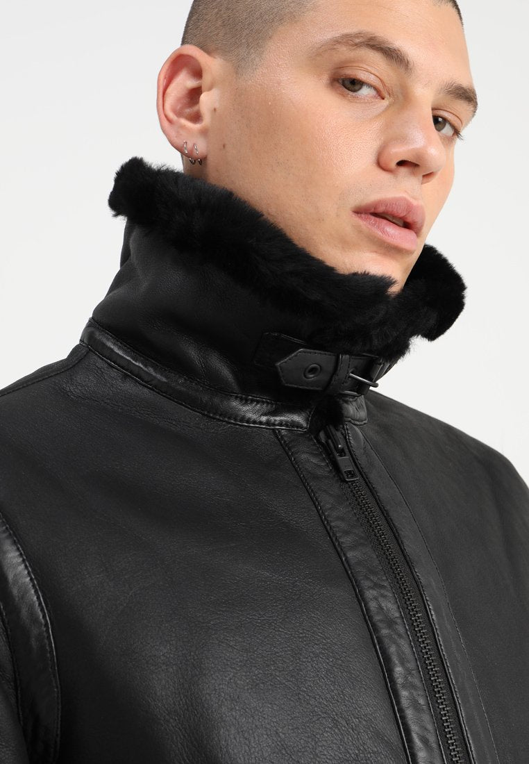 Men’s Aviator Black Leather Shearling Jacket - Kualited