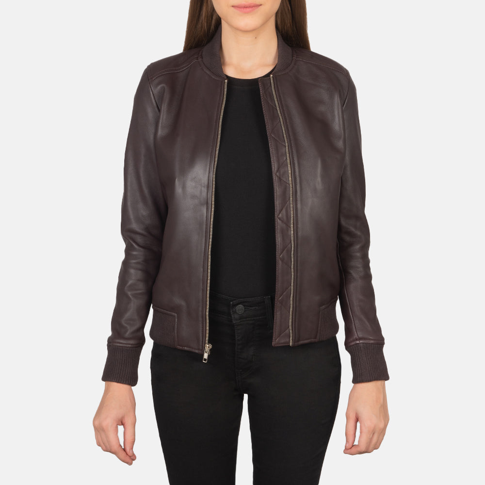 Bliss Maroon Leather Bomber Jacket - Kualited