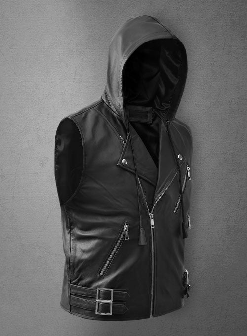 Men’s Black Leather Biker Hooded Vest - Kualited