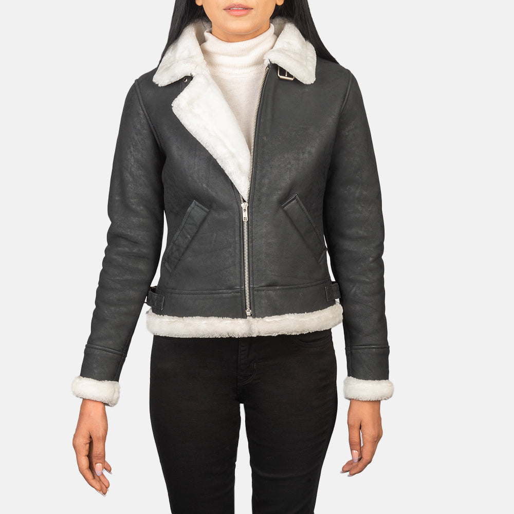 Sherilyn B-3 Black & White Leather Bomber Jacket - Kualited