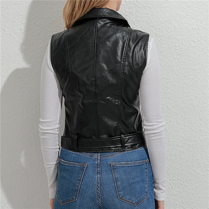 Leather Motorcycle Vest for Women Riding Club Black Biker Vests