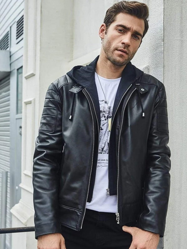 Men’s Black Leather Removable Hood Biker Jacket - Kualited