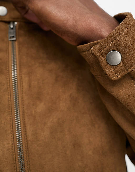 Essentials faux suede biker jacket in tan