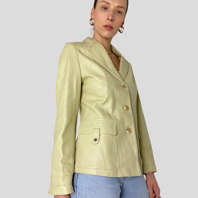 Vintage Cream Soft Genuine Leather Button Closure Blazer