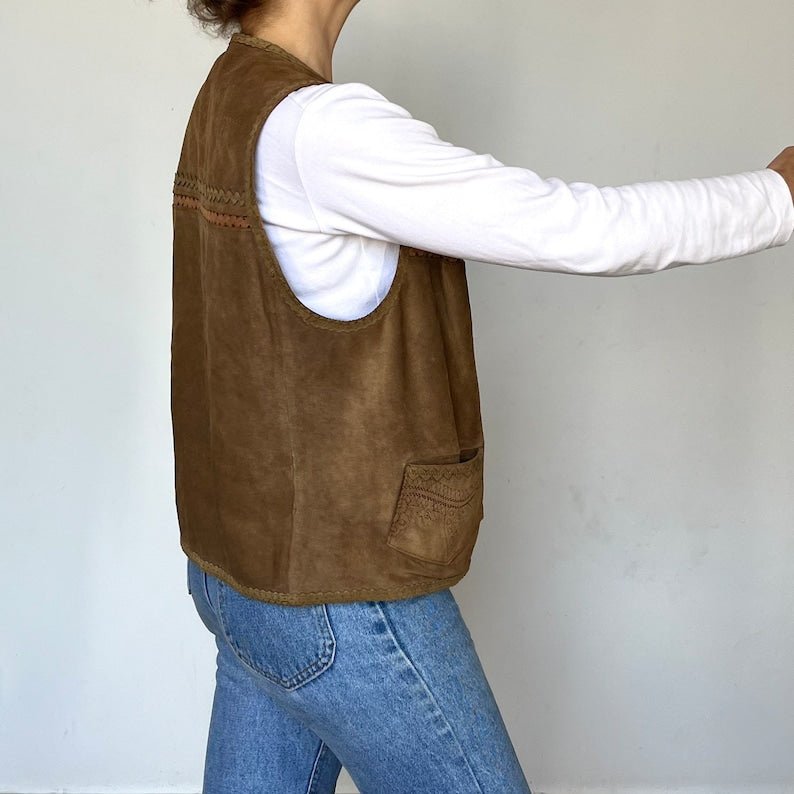 Vintage Woman Brown Leather Vest