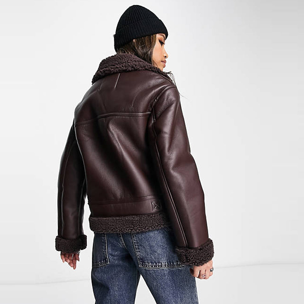 Handmade Real Genuine Leather Zip detail aviator jacket in chocolate brown