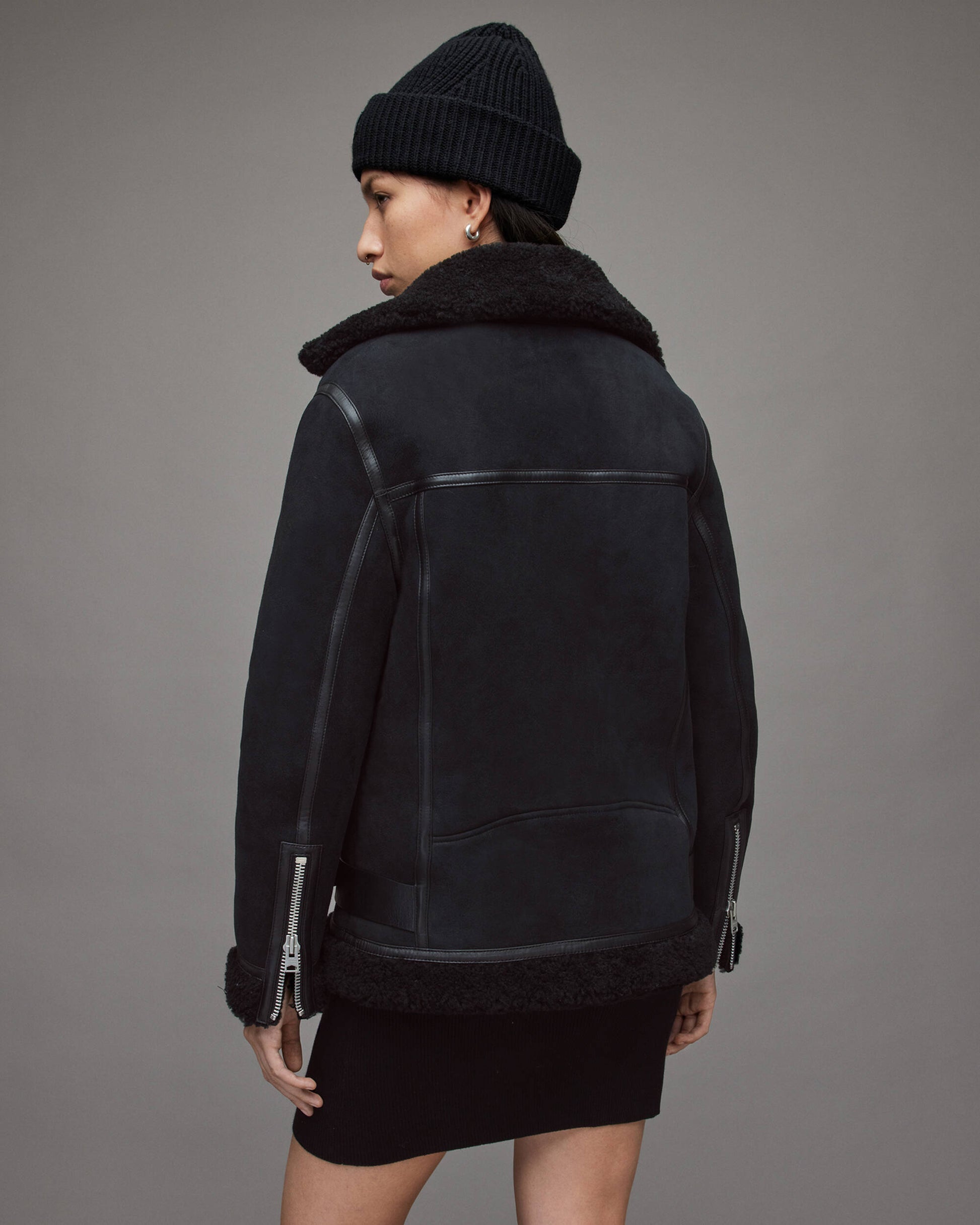 Women's Suede Leather Shearling Biker Jacket In Black