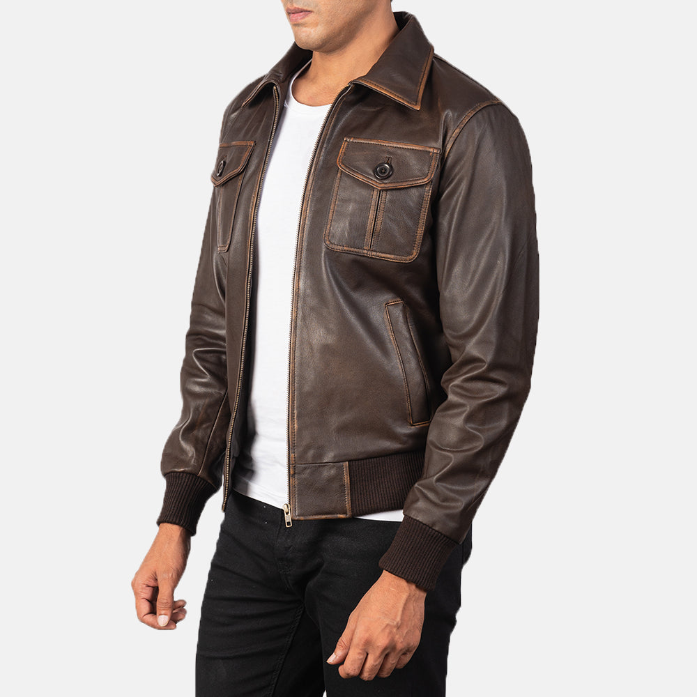 Aaron 100% Pure Genuine Real Leather Brown Leather Bomber Jacket - Kualited