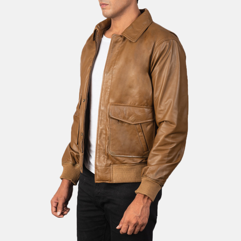 Coffmen Olive Brown A2 Leather Bomber Jacket - Kualited