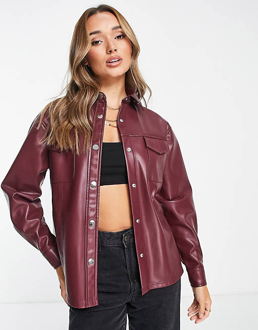 Genuine Pure leather belted shirt in berry