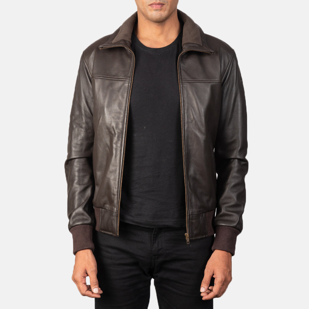 Air Rolf Brown Leather Bomber Jacket - Kualited