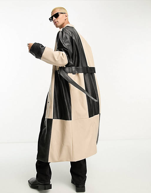 LEATHER LOOK CUT AND SEW TRENCH COAT IN BLACK AND WHITE