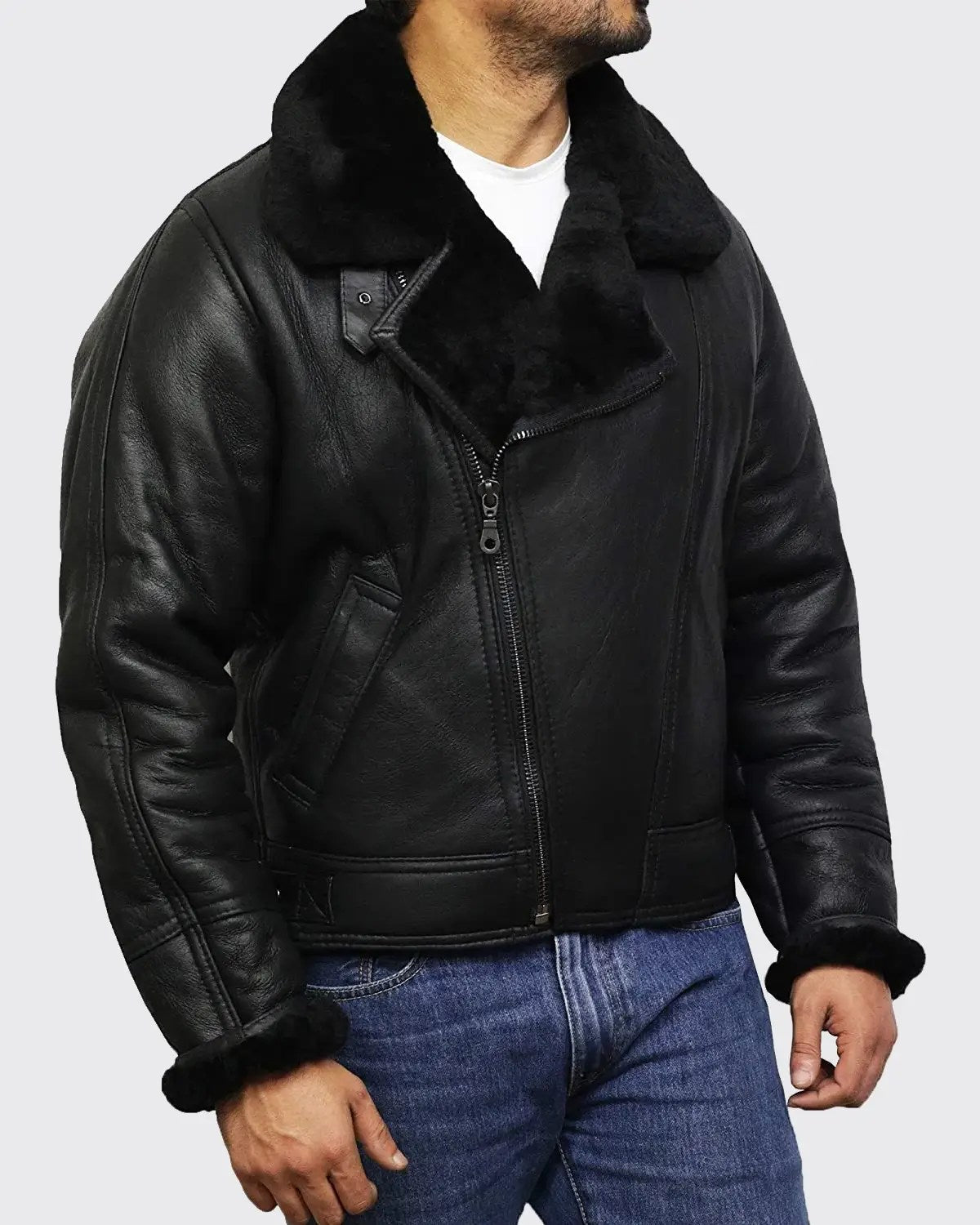 Men’s Black Biker B3 Bomber Sheepskin Shearling Jacket