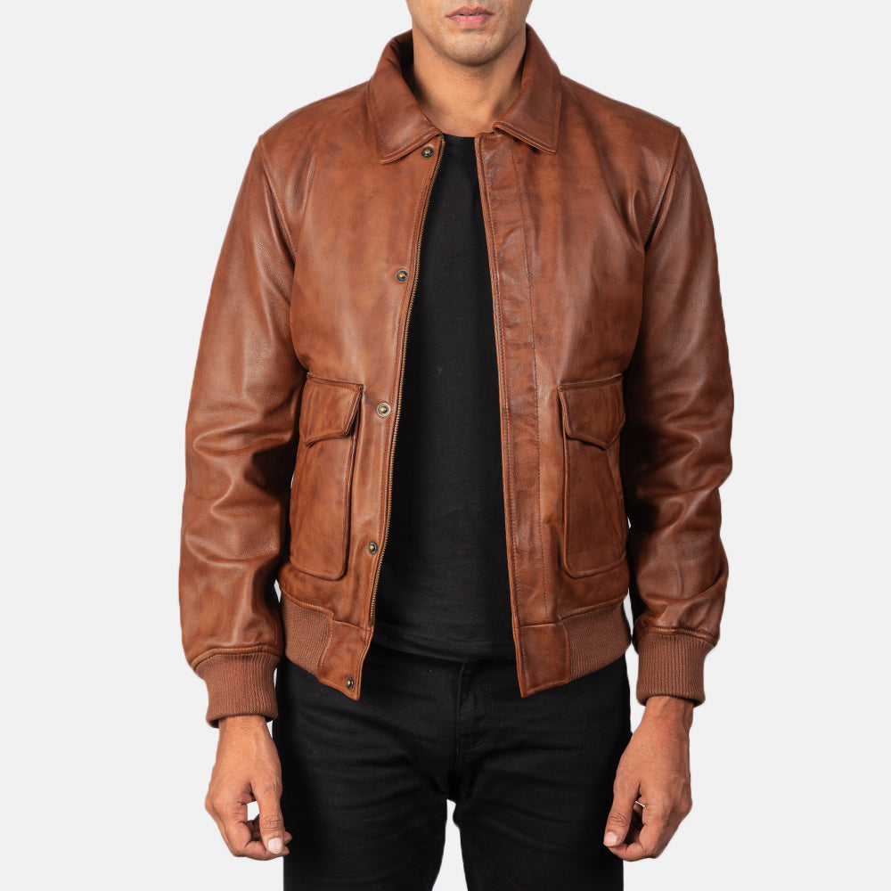 Coffmen Brown A2 Leather Bomber Jacket - Kualited