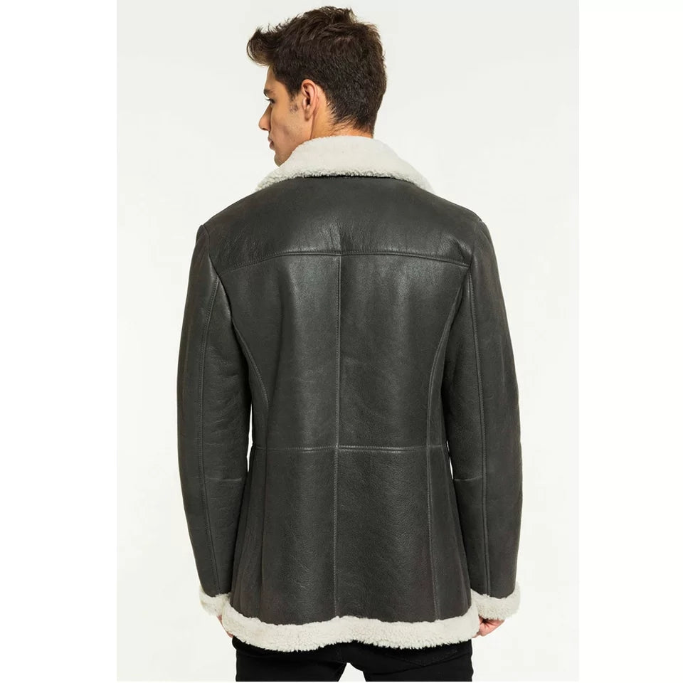 Men’s Black Leather White Shearling Long Coat - Kualited