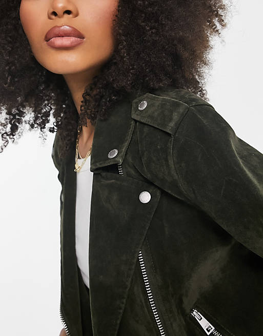 Faux suede belted biker jacket in olive