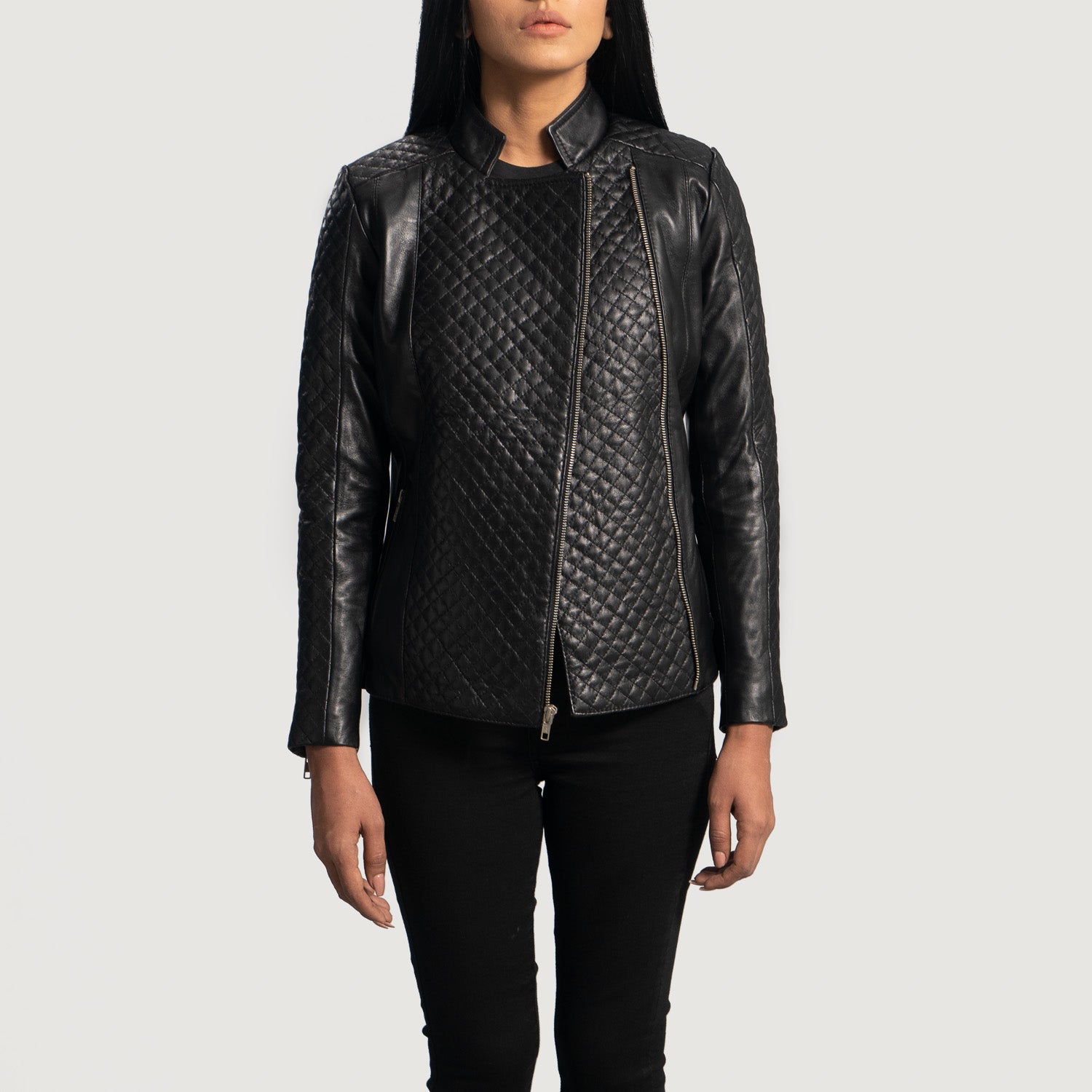 Orient Grain Quilted Black Leather Biker Jacket - Kualited