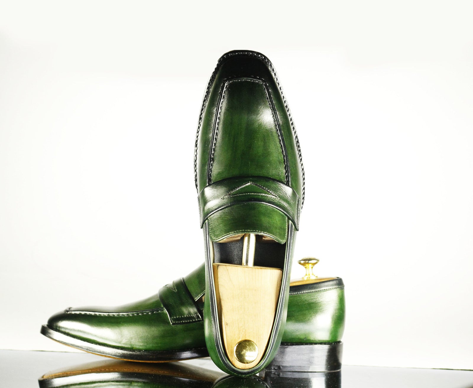 Handmade Men's Green Leather Penny Loafer Shoes, Men Designer Formal Dress Shoes