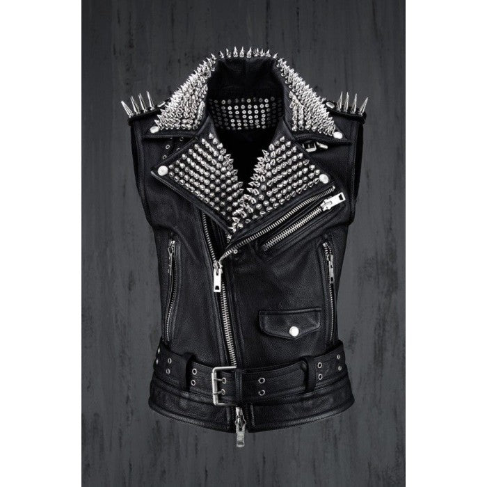 Men’s Black Leather Biker Punk Vest - Kualited