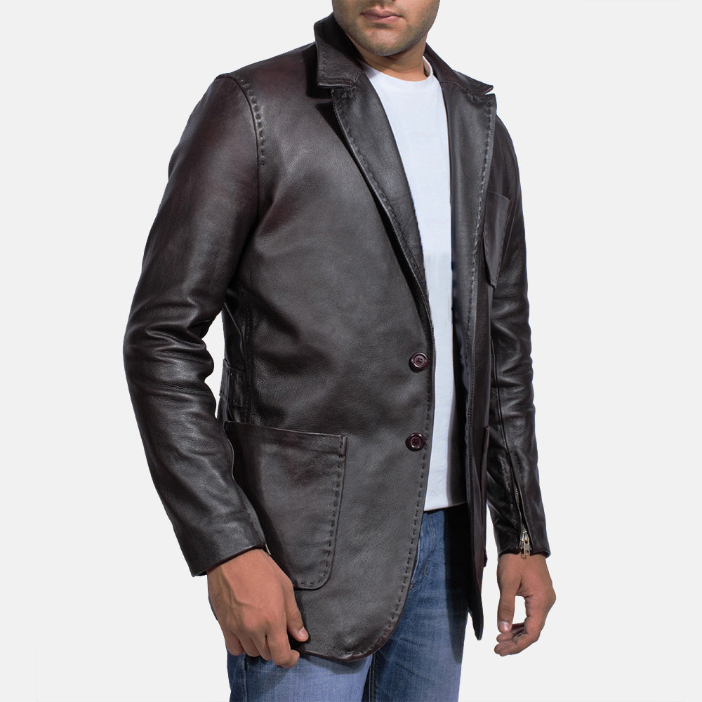 Wine Black Leather Blazer - Kualited