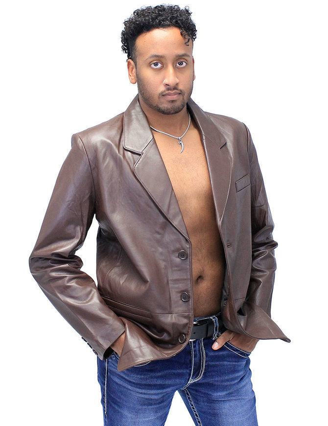 Men's Chocolate Brown Button Lambskin Leather Blazer