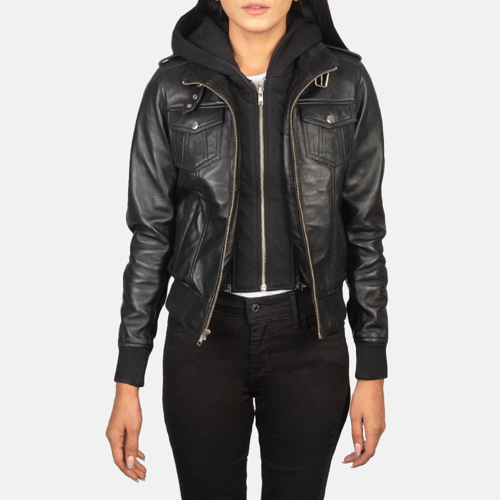 Roslyn Black Hooded Leather Bomber Jacket - Kualited