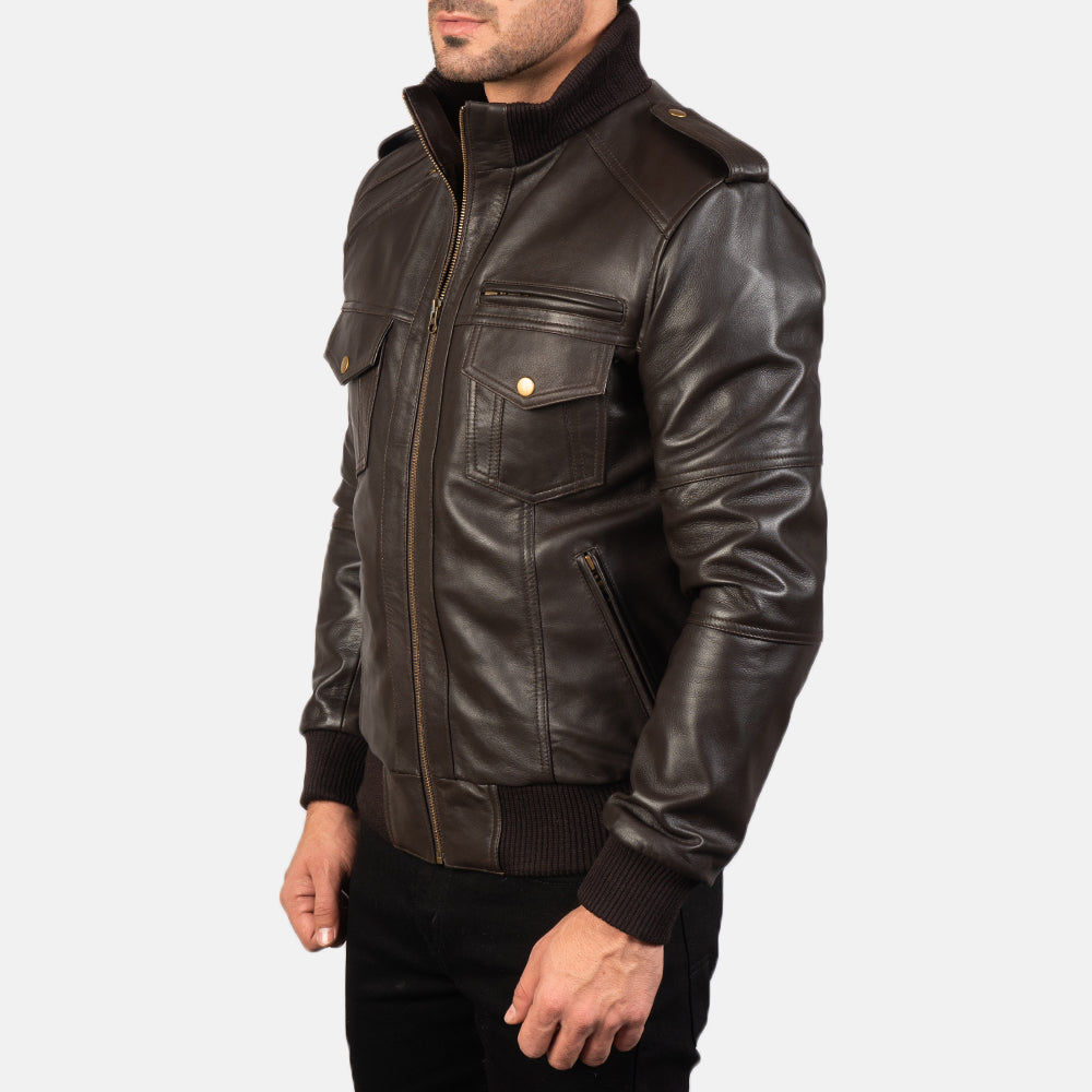 Agent Shadow Brown Leather Bomber Jacket - Kualited