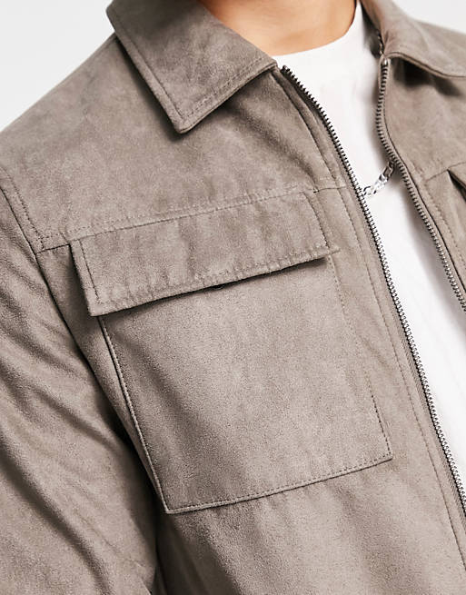 Essentials genuine suede jacket with pockets in brown