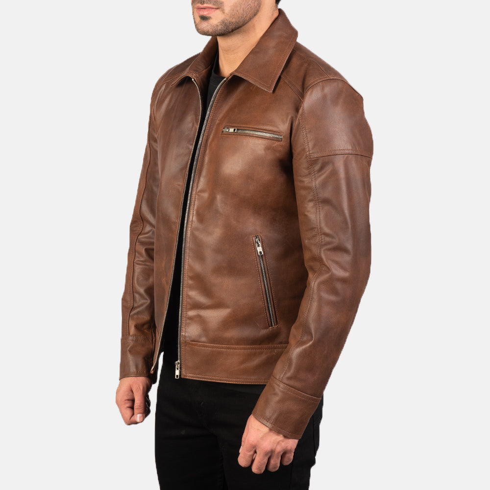 Lavendard Brown Leather Biker Jacket - Kualited